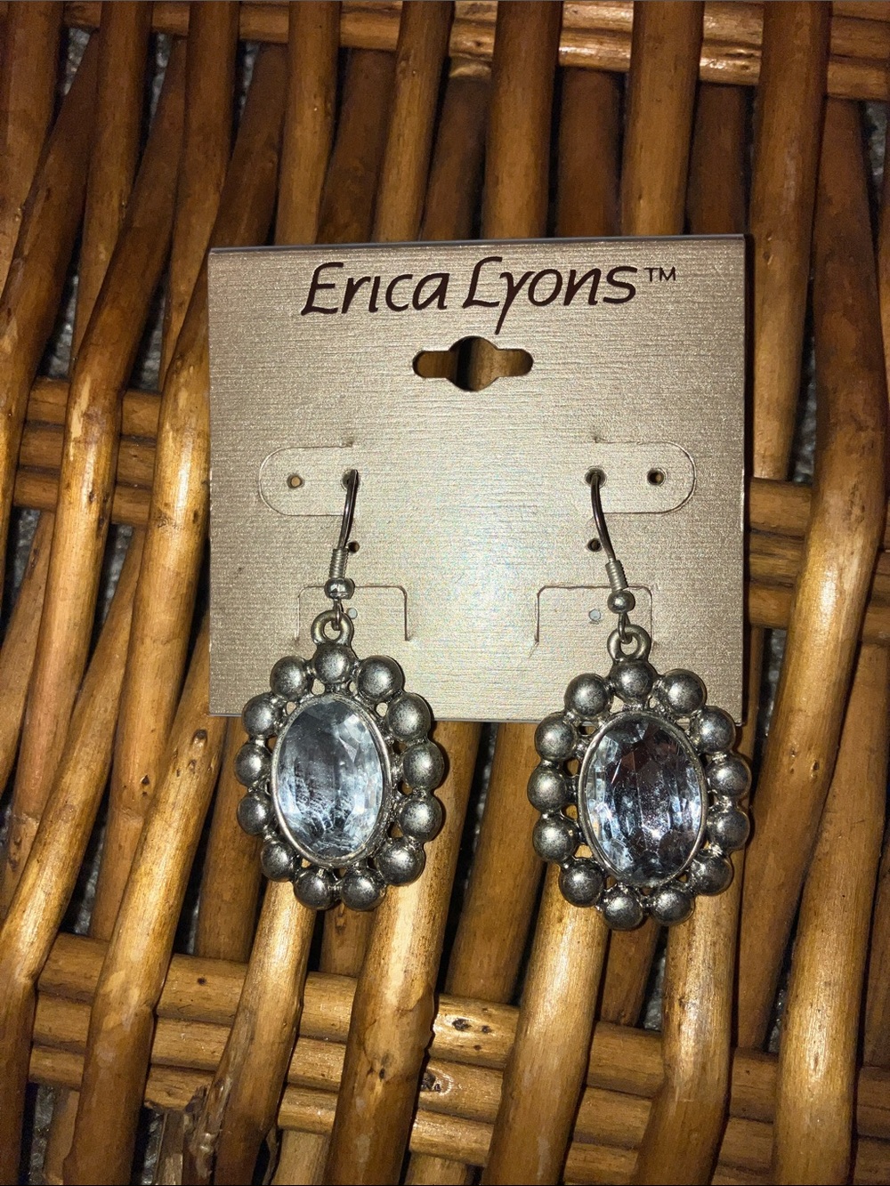 Erica Lyons Silver-Tone Oval Crystal Halo Drop Earrings New